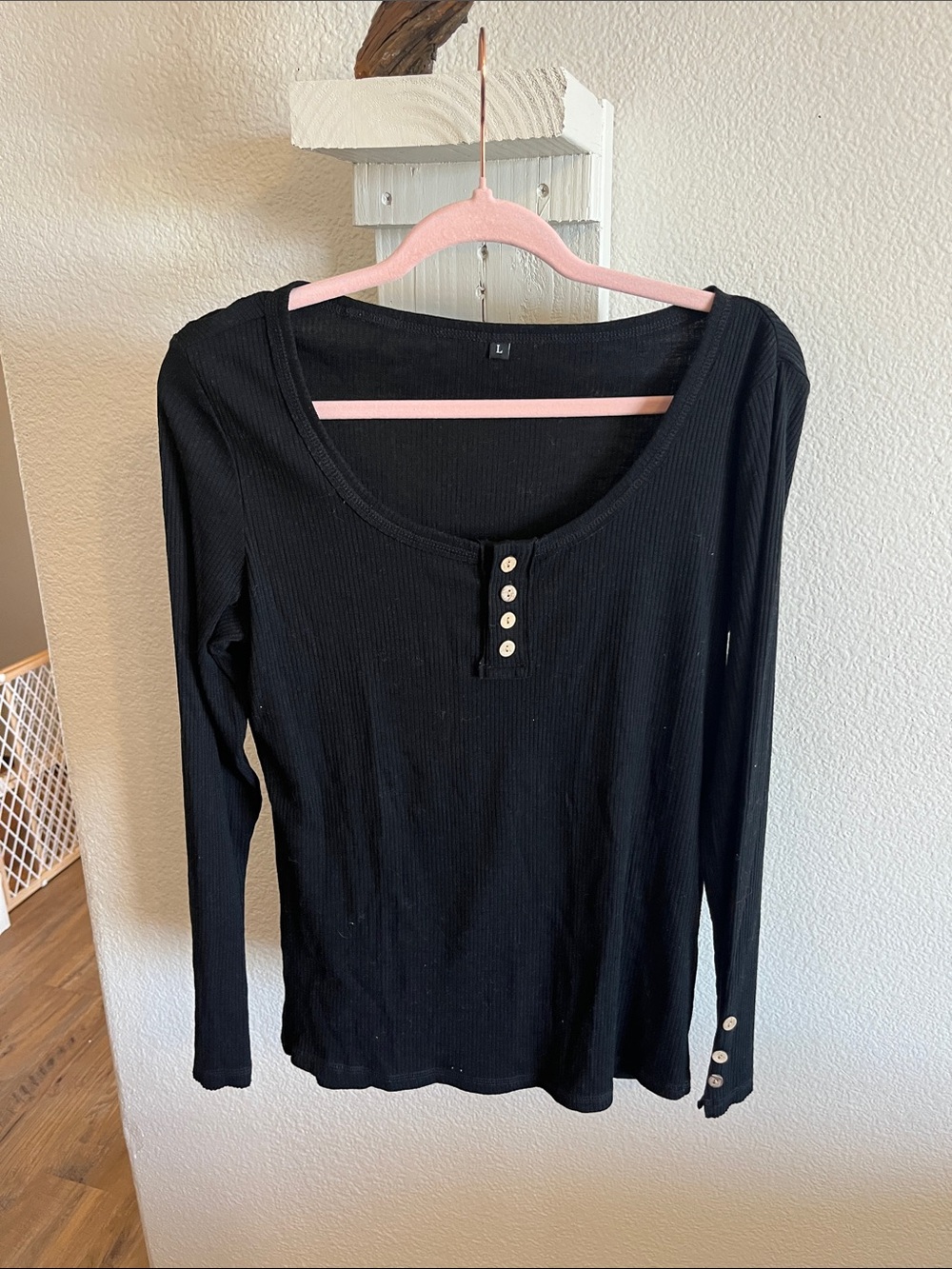 Long Sleeve Ribbed Henley Top - Black